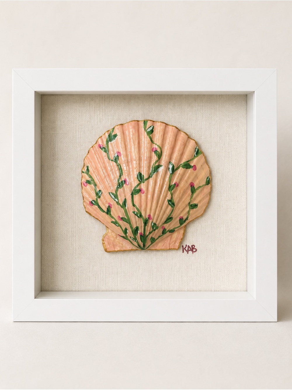 6x6 Shadow box framed Hand-Painted Seashell Wall Art with Green Vine Accents